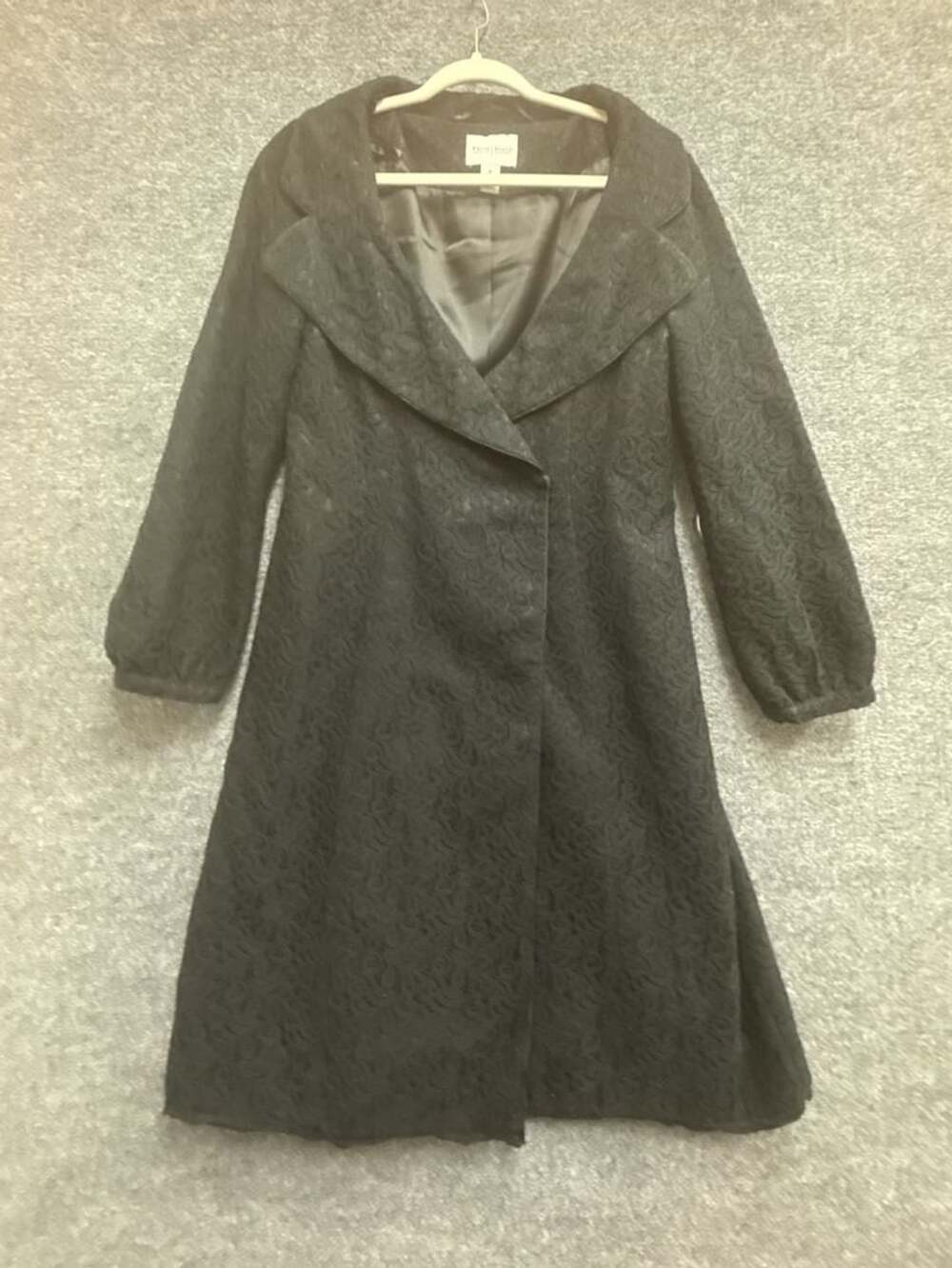 White House Black Market Black Floral Lace Over Satin Midi Coat Size M